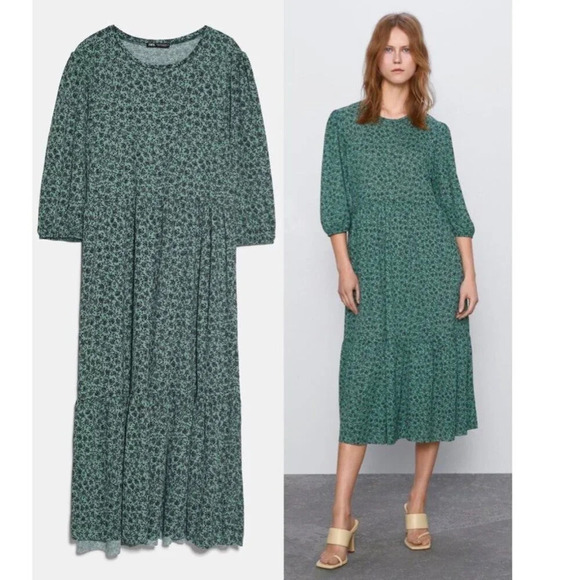 Zara Tiered Floral Midi Dress Green Black Size Small - Picture 2 of 8